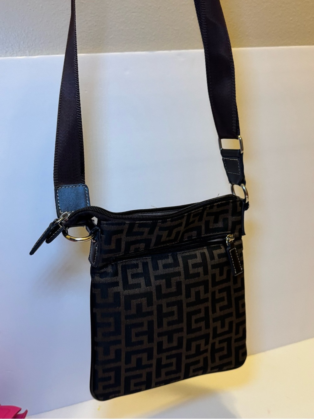 Black Geometric Pattern Crossbody Messenger Bag - Unbranded